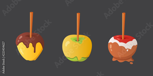Sweet caramel and chocolate candy apple set. Vector illustration in cartoon style.