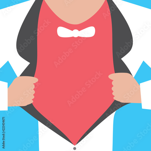Flat design Vector Illustration Empty esp template copy text for Ad, promotion, poster, flyer, web banner, article. Man wearing Formal Suit Opening Half of his Tuxedo Jacket Coat wider