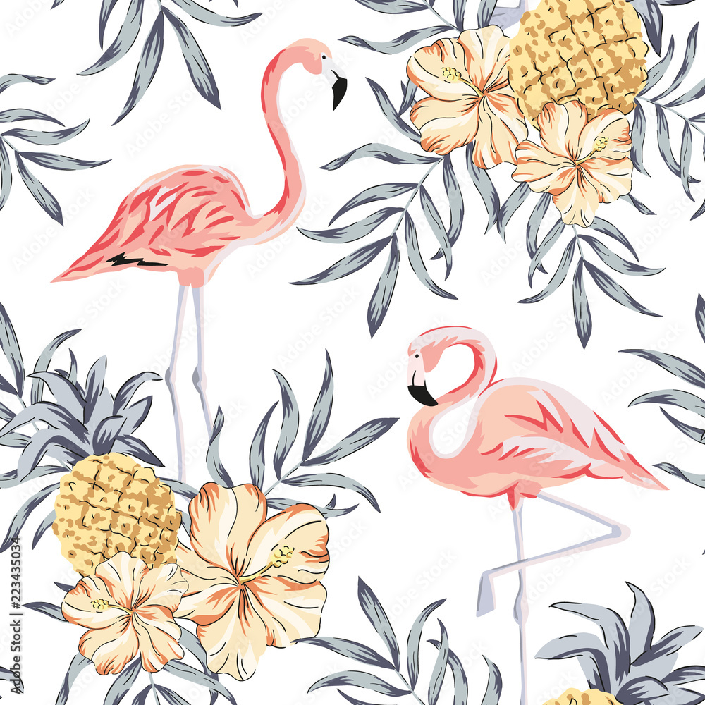 Obraz premium Tropikalne różowe ptaki flamingo, bukiety kwiatów hibiskusa, ananasy, tło liści palmowych. Wektor wzór. Ilustracja dżungli. Egzotyczne rośliny. Letnia plaża kwiatowy wzór. Rajska natura