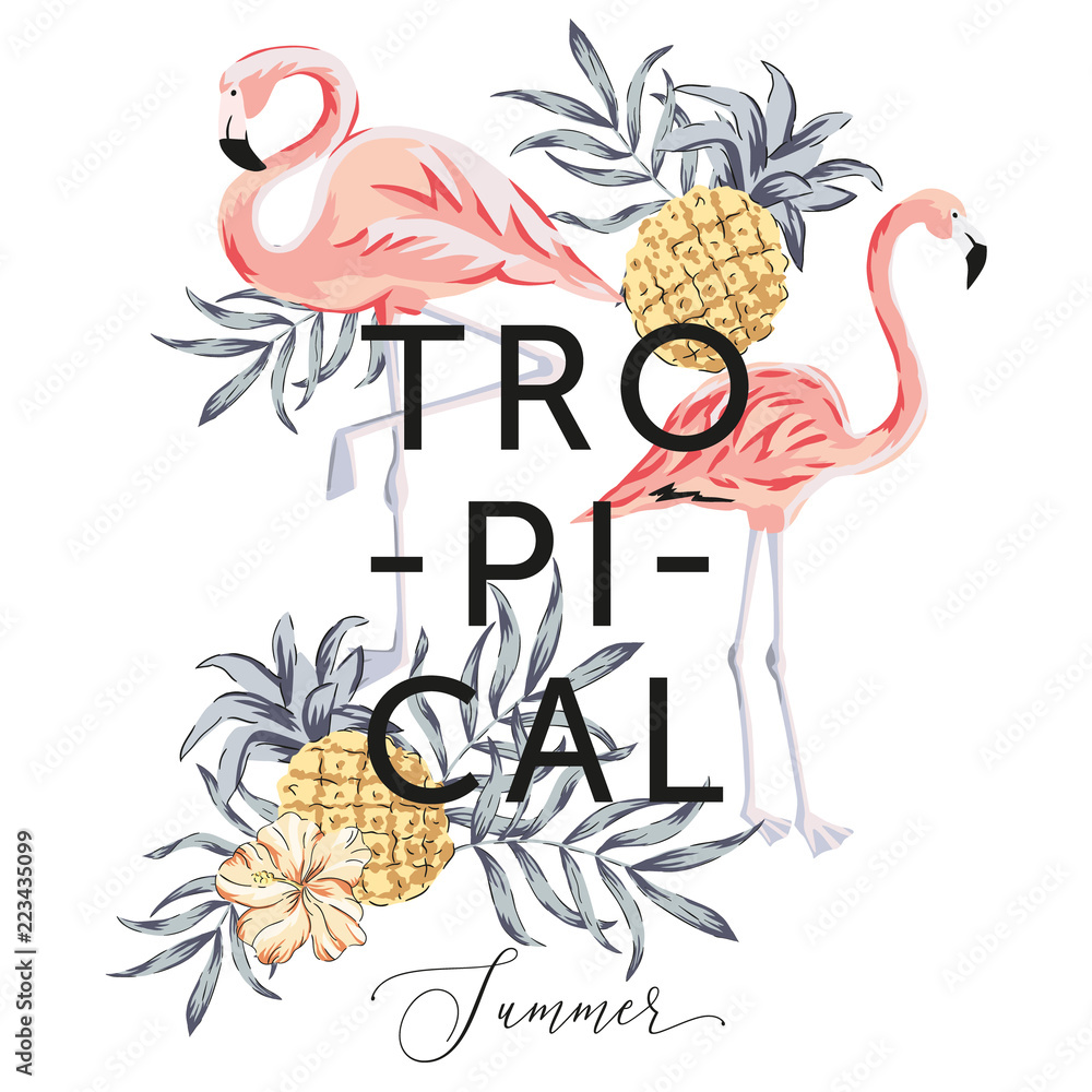 Obraz premium Tropical pink flamingo birds, palm leaves, pineapples, hibiscus flower, white background. Print for tee shirt template. Botanical vector illustration. Summer beach floral design. Paradise nature