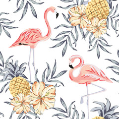 Keuken achterwand Ananas patronen Flamingo's en hibiscus in tropische jungle  © ojardin