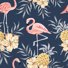 Keuken achterwand Ananas patronen Flamingo en ananas op marineblauw  © ojardin