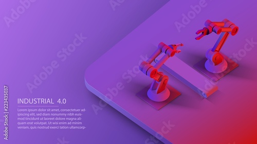 Isometric automated robot arms and conveyor belt. Smart automated robotic arms. Modern logistics center in ultra violet colors. Vector 3d isometric illustration ultraviolet background.