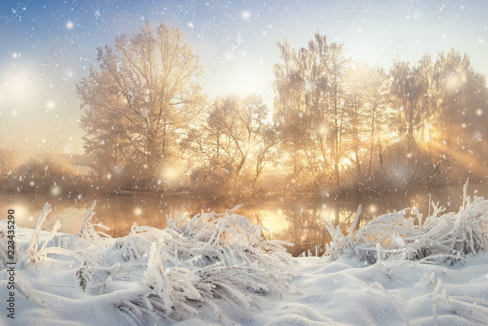 Amazing winter scene on bright morning sunrise with vibrant sunrays through frosty and snowy trees. Winter snowfall. Natural landscape of cold christmas morning. Xmas background.