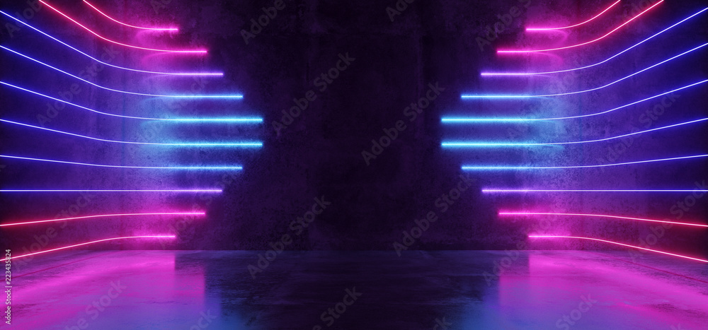 Futuristic Sci-Fi Modern Empty Stage Reflective Concrete Room With Purple And Blue Glowing Neon Tubes Shape Empty Space Wallpaper Background 3D Rendering - obrazy, fototapety, plakaty 
