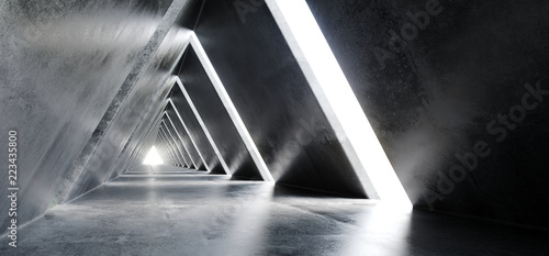 Fototapeta Naklejka Na Ścianę i Meble -  Empty Long Light Polished Concrete Modern Sci-Fi Futuristic Triangle Shaped Construction Tunnel Corridor 3D Rendering