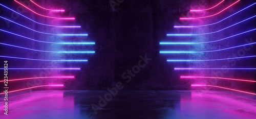 Fototapeta Naklejka Na Ścianę i Meble -  Futuristic Sci-Fi Modern Empty Stage Reflective Concrete Room With Purple And Blue Glowing Neon Tubes Shape Empty Space Wallpaper Background 3D Rendering