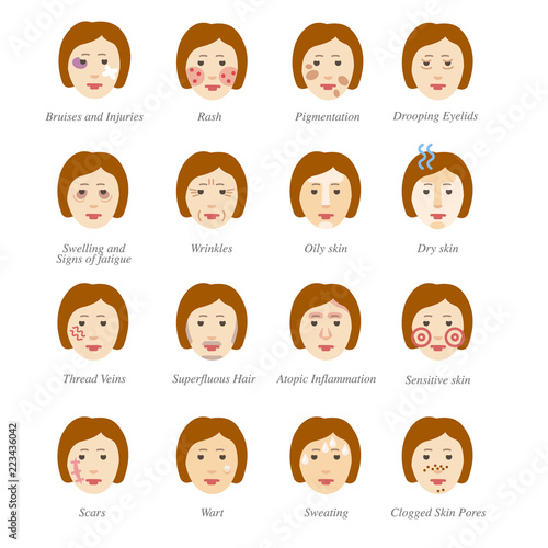 Problems with skin and face in cosmetology like colorful icons of woman