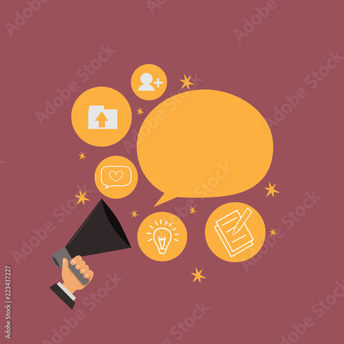 Flat design Vector Illustration Empty esp template copy text for Ad, promotion, poster, flyer, web banner, article. Human Hand Holding Megaphone Talking Different Topic and Speech Bubble