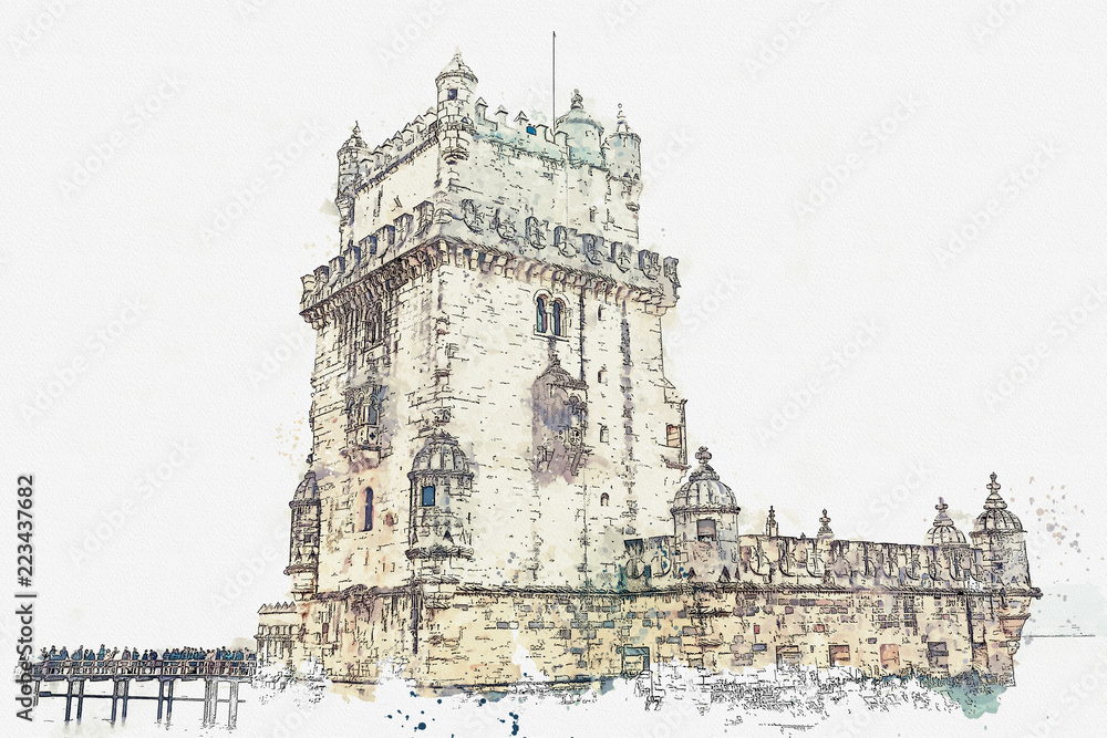illustration. Torre de Belem or the Belem Tower is one of the attractions of Lisbon. The fortress was built in 1515-1521. Located in Belem district
