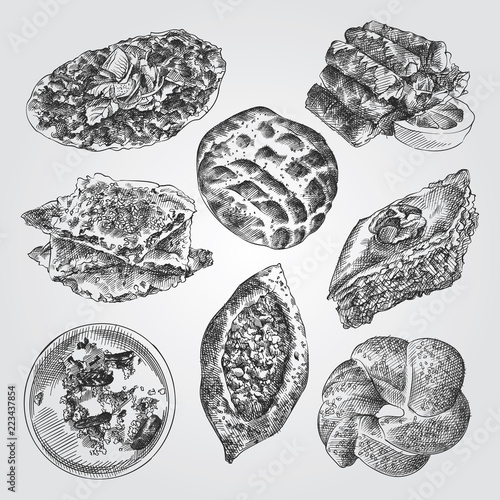 Hand Drawn Turkish Cuisine Sketches Set. Collection Of turkish bread, soup, pide, dolma, borek, Lahmajun, baklava, simite Sketch Elements isolated on white background
