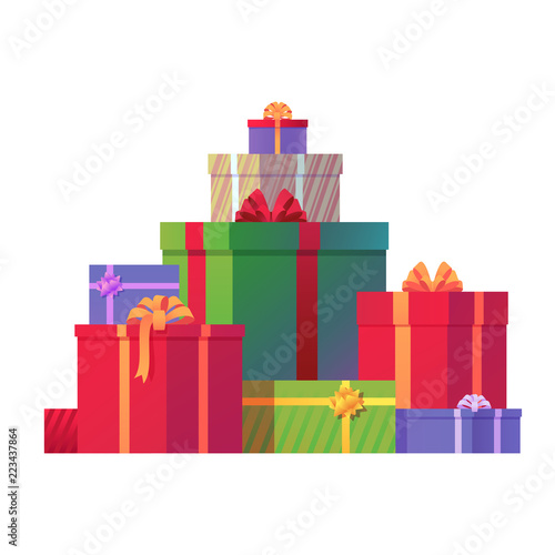 Bunch of Christmas gift boxes vector illustration. Holiday presents isolated on white background. Festive element for your design. Eps 10. photo