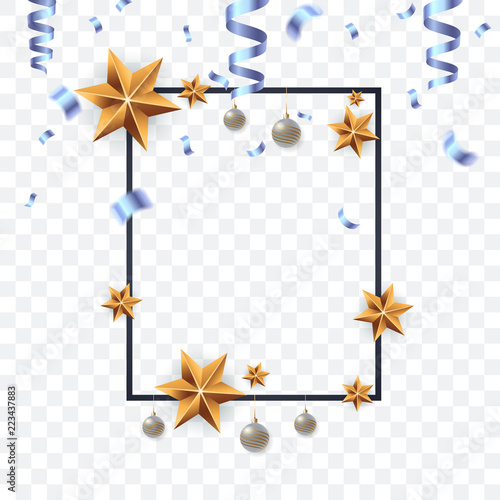 Decorative festive frame with gold christmas stars, falling blue confetti and silver xmas balls. Isolated on transparent background. Design element for the holiday. Vector eps 10.