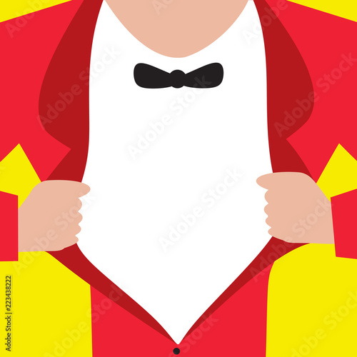Flat design business Vector Illustration Empty copy space for Ad website promotion esp isolated Banner template. Man wearing Formal Suit Opening Half of his Tuxedo Jacket Coat wider