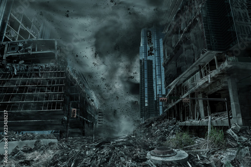 Obraz na plátně Portrayal of a City Destroyed by Hurricane, Typhoon or Tornado