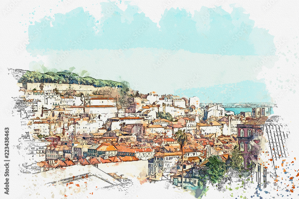 illustration Beautiful panoramic view of Lisbon in Portugal. Traditional European architecture.
