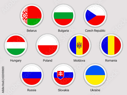 Eastern europe flags set. Round icons. Vector stickers collection. European countries flags. Belarus, Bulgaria, Czech Republic, Hungary, Poland, Moldova, Romania,Russia, Slovakia, Ukraine