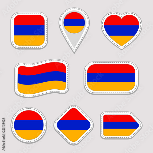 Free Download Armenia flag vector set. Armenian flags stickers collection. Isolated geometric icons. National symbols badges. Web, sport page, patriotic, travel, school, design elements. Different shapes - GFXLoad