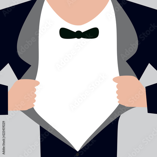 Flat design business Vector Illustration Empty template esp isolated Minimalist graphic layout template for advertising. Man wearing Formal Suit Opening Half of his Tuxedo Jacket Coat wider