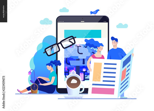 Business series, color 2 - news or articles- modern flat vector illustration concept of people reading news on various medium and tablet screen, glasses, coffee. Creative landing page design template
