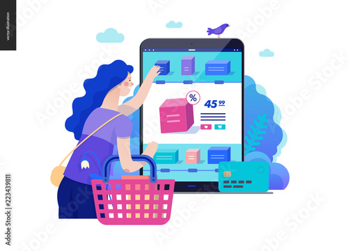 Business series, color 2 -buy online shop -modern flat vector illustration concept of woman shopping online holding basket. Website interaction -purchase process. Creative landing page design template