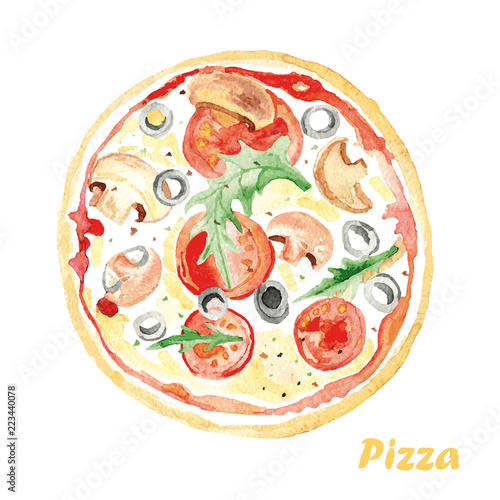 Watercolor Pizza. Hand painted realistic illustration on paper.