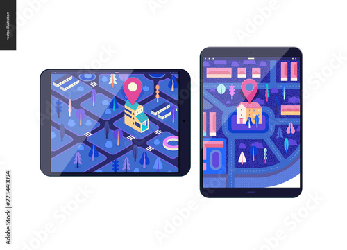 Business series, color 2 - map - modern flat vector illustration, creative concept of location. Isometric and flat maps with a marked building, streets and trees on the tablet screens