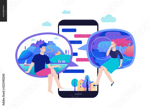 Business series, color 2- chat - modern flat vector illustration concept of people chating in messenger and the chat app on the phone screen. Creative landing page or company support design template