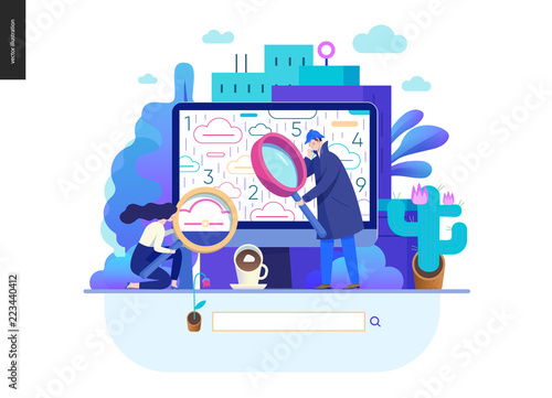 Business series, color 2 - search page - modern flat vector illustration concept of digital data research on computer. Information researching interaction process Creative landing page design template
