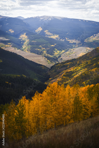 Landscape view of the Rocky Mountains during autmn as the leaves change colors. 