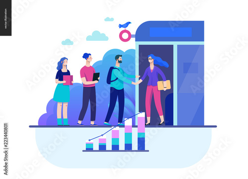 Business series, color 2 - partners -modern flat vector illustration concept of people shaking their hands in the office entrance. Business workflow management. Creative landing page design template
