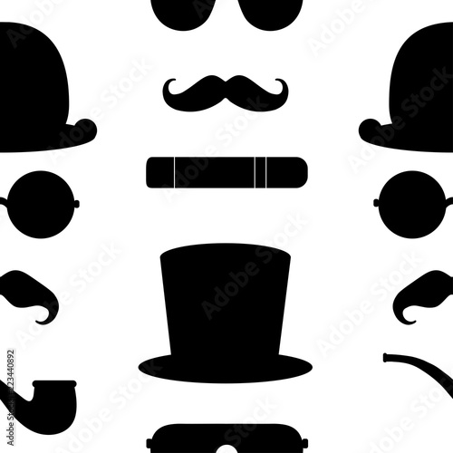 Vector icon pattern with gentlemen set :  bowler hat, cylinder hat, eyeglasses, moustaches, cigar and pipe on the black color