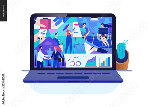 Business series, color 2- about company, office life -modern flat vector concept illustration of a company employees in workspace. Business workflow management. Creative landing page design template
