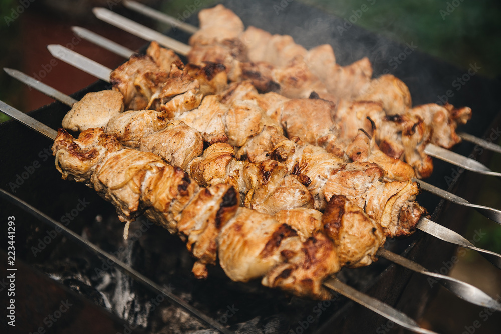 Appetizing shish kebab roasted on skewers on open air charcoal grill. Shish kebab with smoke Appetizing shish kebab roasted on skewers on open air charcoal grill. Shish kebab with smoke