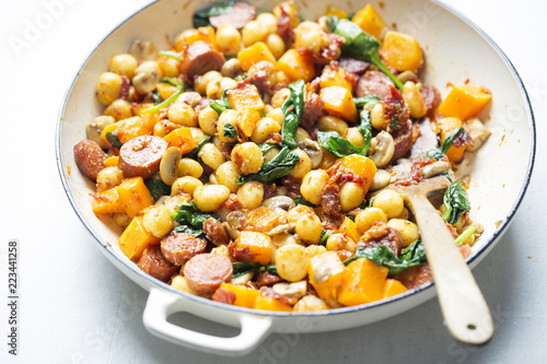 Gnocchi with chorizo, butternut, spinach, mushrooms, sun dried tomatoes and parmesan