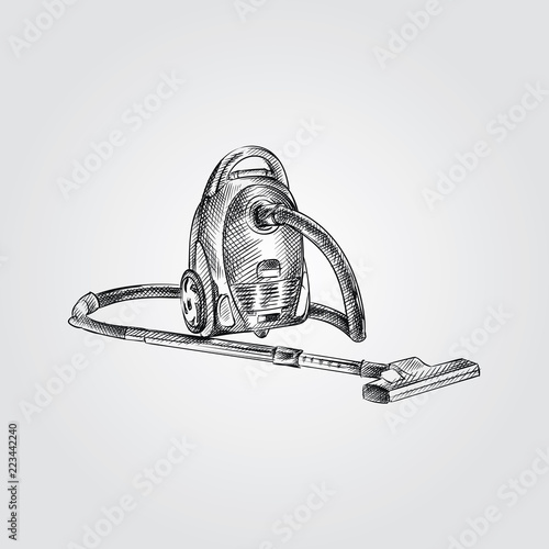 Hand Drawn A vacuum cleaner Sketch Symbol isolated on white background. Vector Appliances In Trendy Style