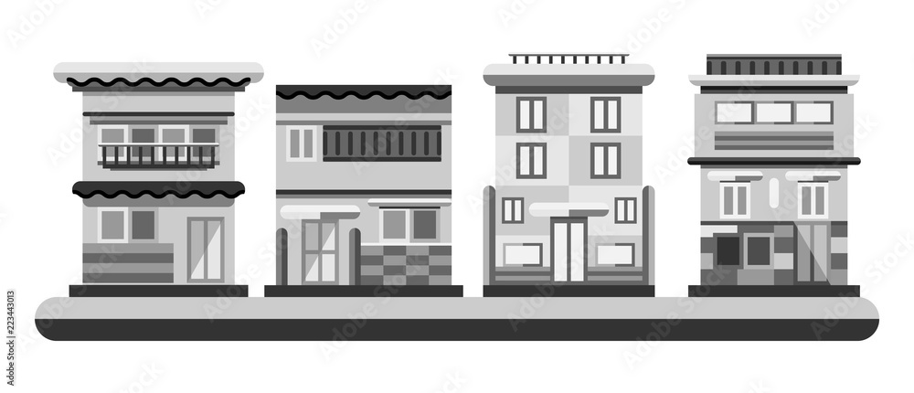 Japanese style houses. City buildings in grayscale color. Flat illustration