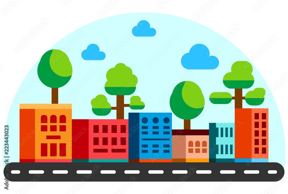 Flat style houses with road. Cartoon city buildings in bright color. Summer sunny day street view. Flat illustration