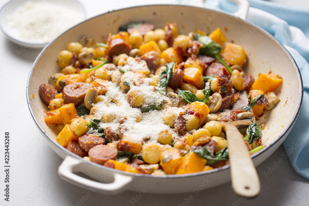 Gnocchi with chorizo, butternut, spinach, mushrooms, sun dried tomatoes and parmesan Gnocchi with chorizo, butternut, spinach, mushrooms, sun dried tomatoes and parmesan
