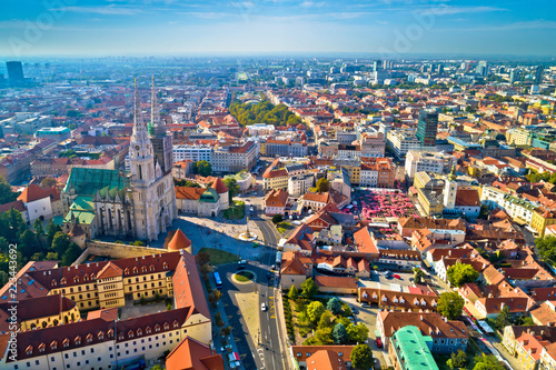 Zagreb cathedral and historic city center aerial view