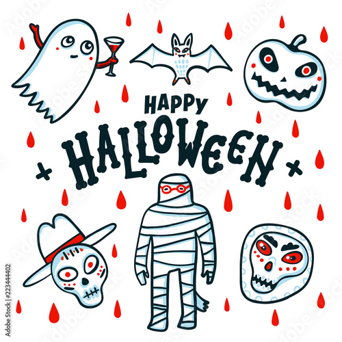 Happy Halloween card. Cartoon pumpkins, mummy, bat, ghost and skulls on white...