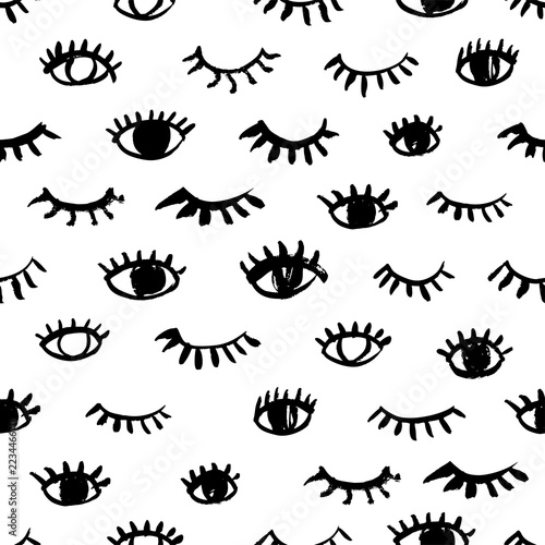 Seamless pattern with eyes and eyelashes. Hand drawn vector ornament. 