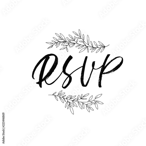 RSVP wedding vector phrase with branches. Modern brush calligraphy. Ink illustration.