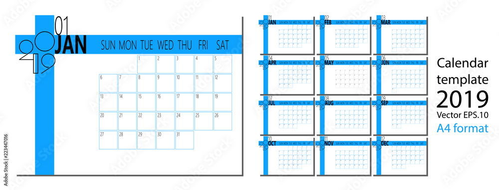 Vector of 2019 new year calendar in clean minimal table simple style ...