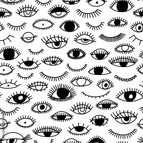Seamless pattern with eye and eyelashes. Doodle style.
