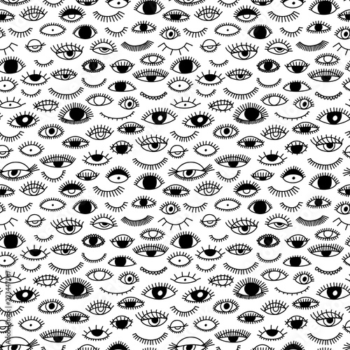 Seamless pattern with eye and eyelashes. Doodle style.