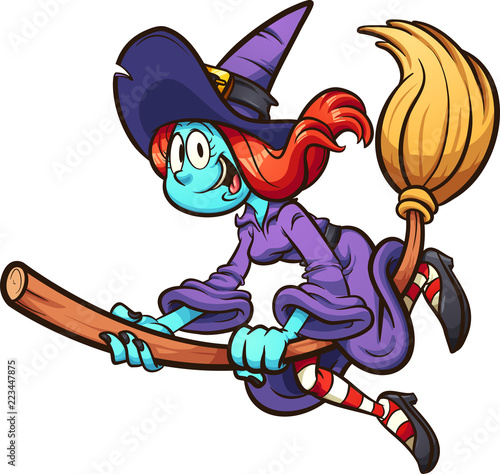 Happy thin cartoon witch flying on her broom. Vector clip art illustration with simple gradients. All in single layer. 