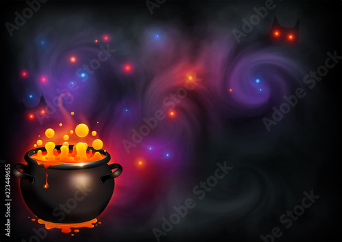 Orange bubbling witch brew in black pot on dark violet smoke and magic lights backdrop. Vector Halloween poster background