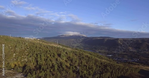 Aerial drone shot of beautiful scenery in Geilo, Norway. Sliding movement to the right. photo