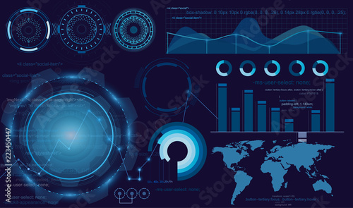 Vector illustration of futuristic display, interface hud design, infographic, scanning graph or waves, warning arrow and bar regulator. Tech and science, analysis theme.